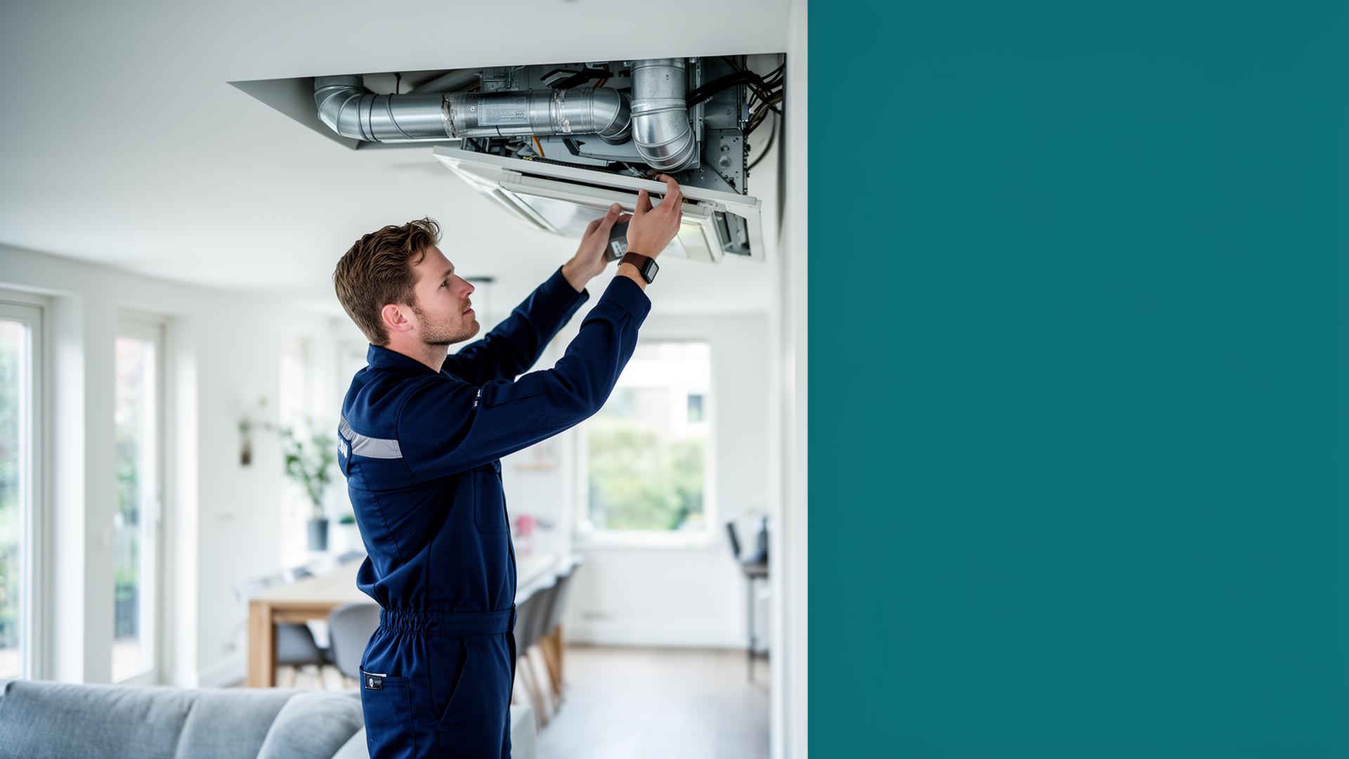 Monteur werkt aan ventilatiesysteem in moderne woning